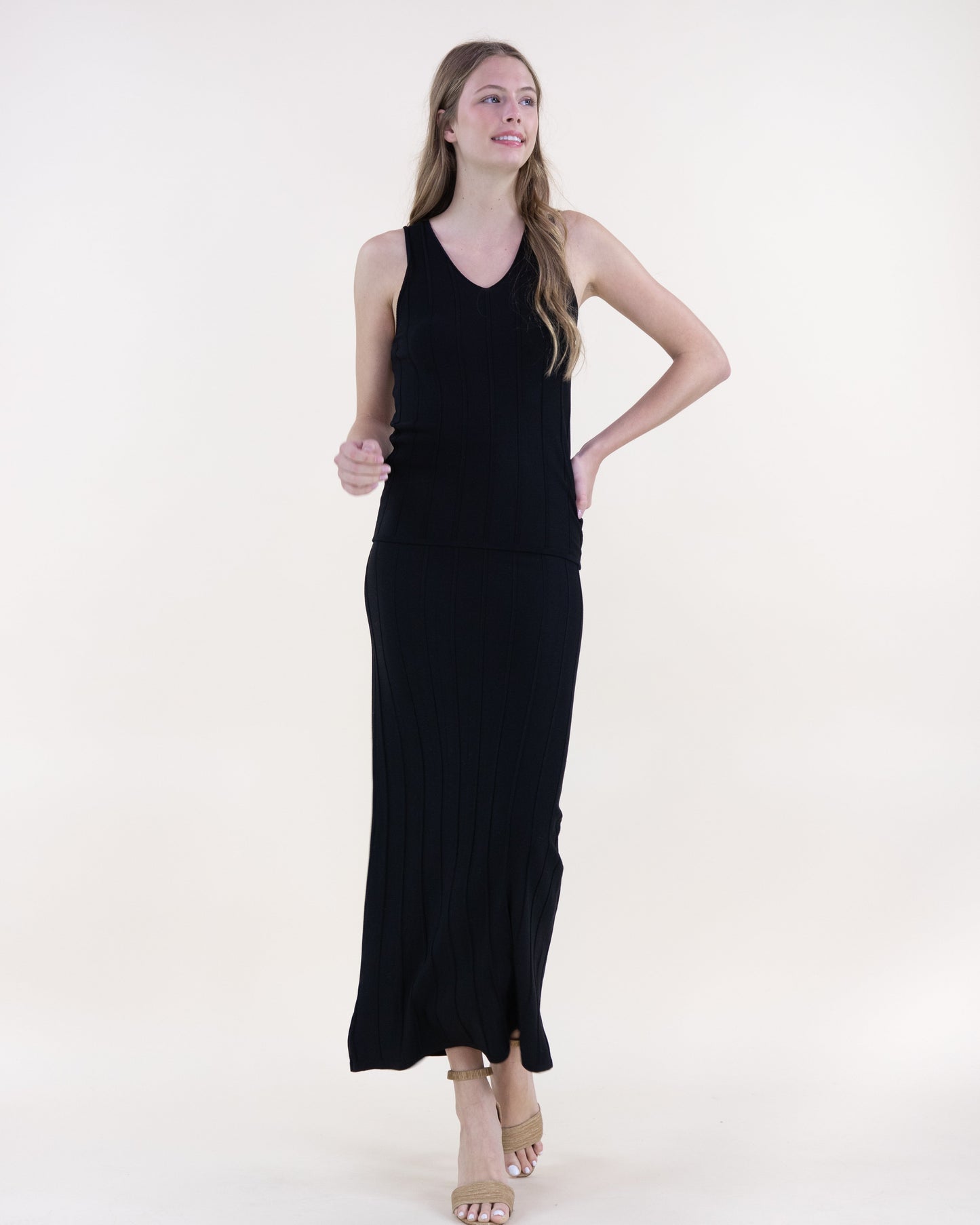 Neutral Wide Ribbed High Waisted Midi Skirt - S/M, LXL
