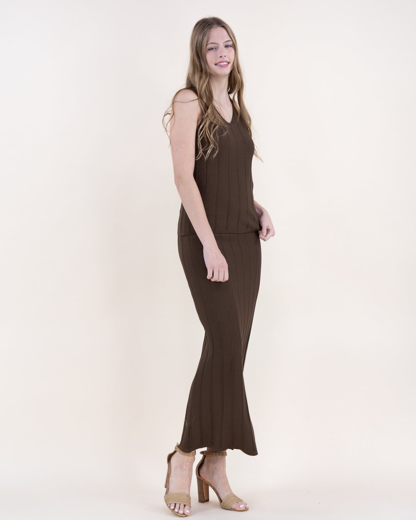 Neutral Wide Ribbed High Waisted Midi Skirt - S/M, LXL
