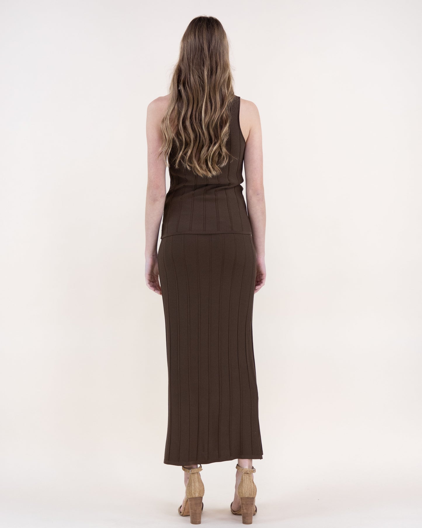 Neutral Wide Ribbed High Waisted Midi Skirt - S/M, LXL