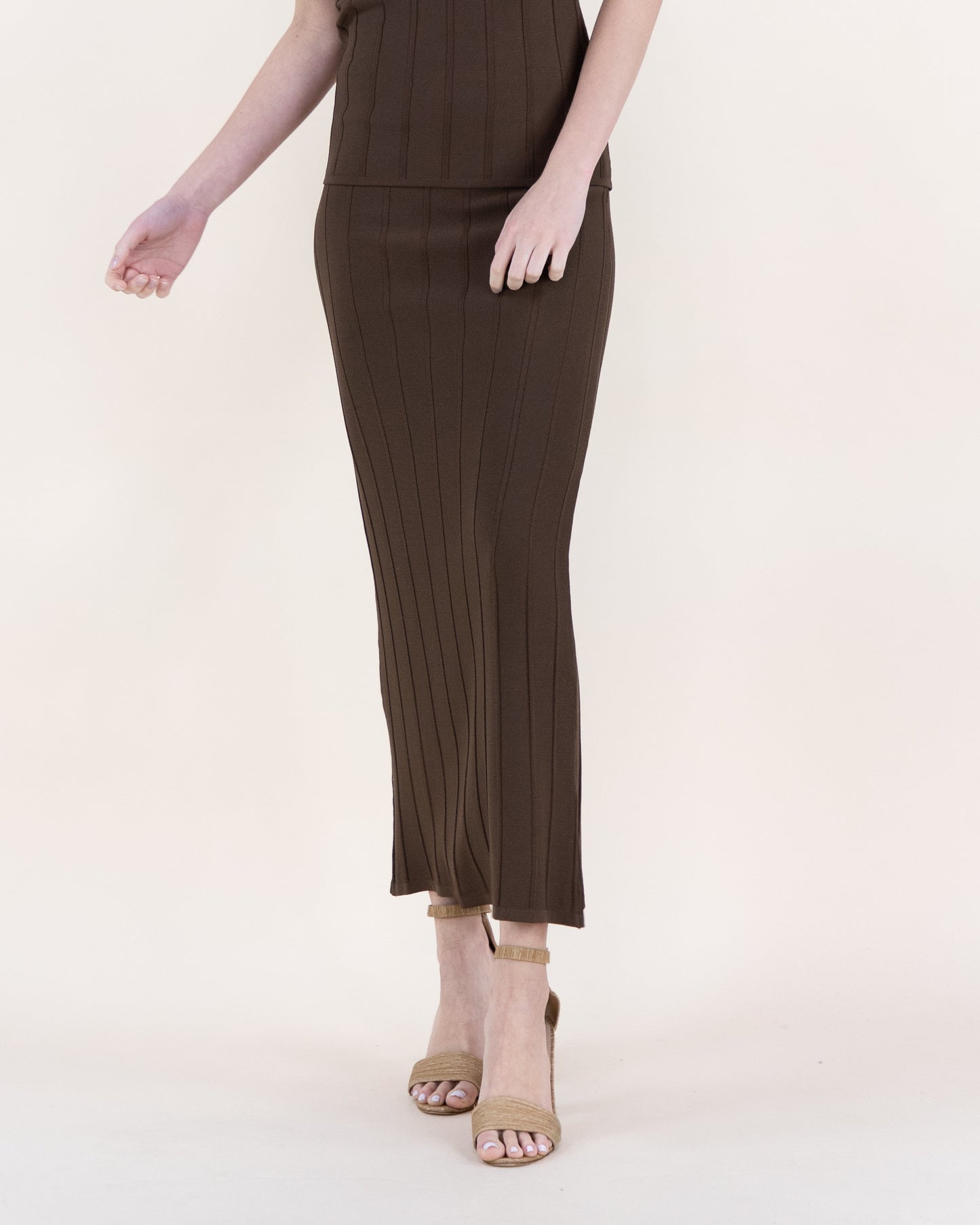 Neutral Wide Ribbed High Waisted Midi Skirt - S/M, LXL