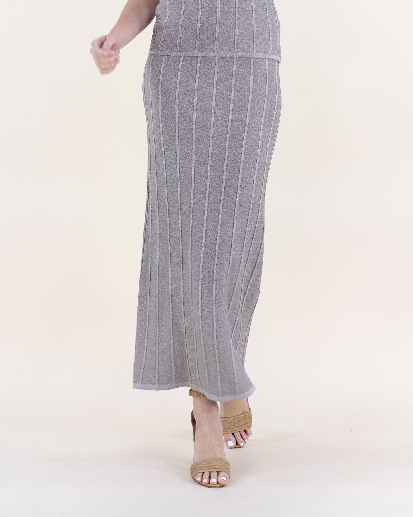 Neutral Wide Ribbed High Waisted Midi Skirt - S/M, LXL