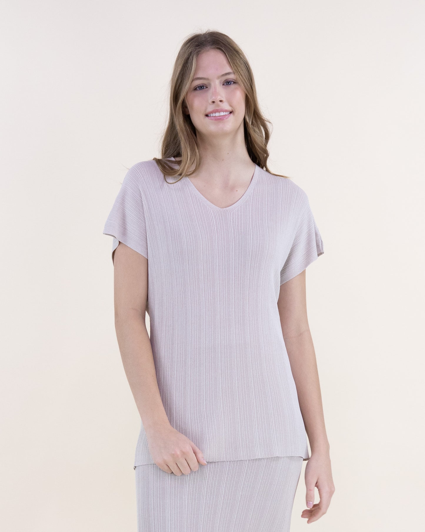 Sandy Thin Ribbed Short Sleeve V-Neck Knit Top