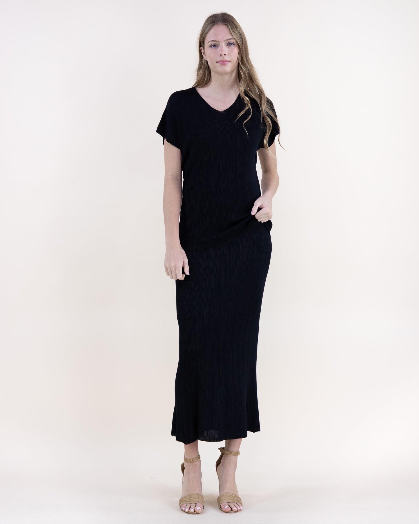 Sandy Thin Ribbed Short Sleeve V-Neck Knit Top