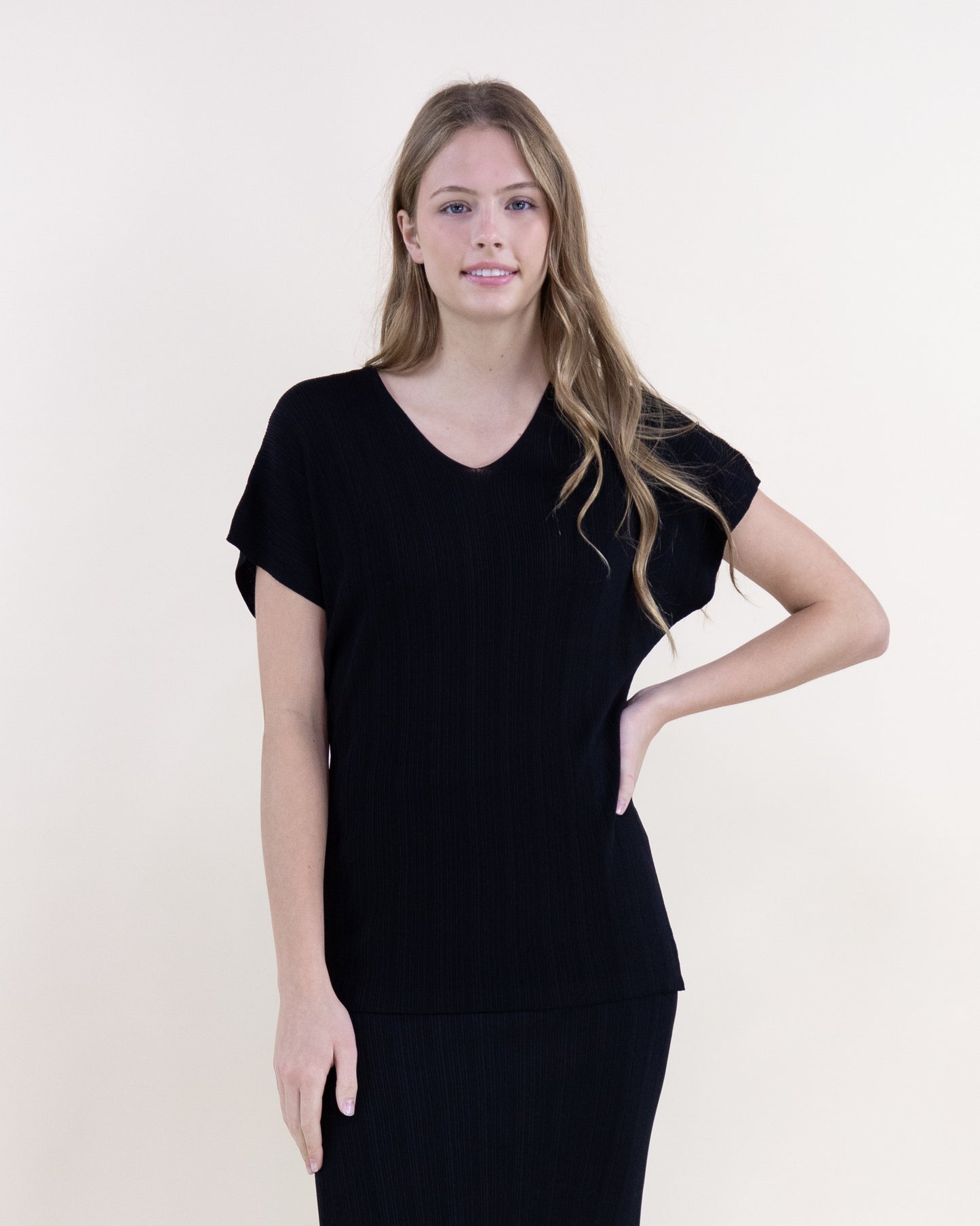 Sandy Thin Ribbed Short Sleeve V-Neck Knit Top