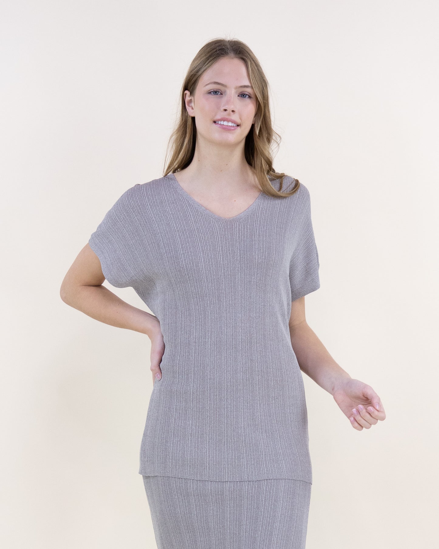Sandy Thin Ribbed Short Sleeve V-Neck Knit Top