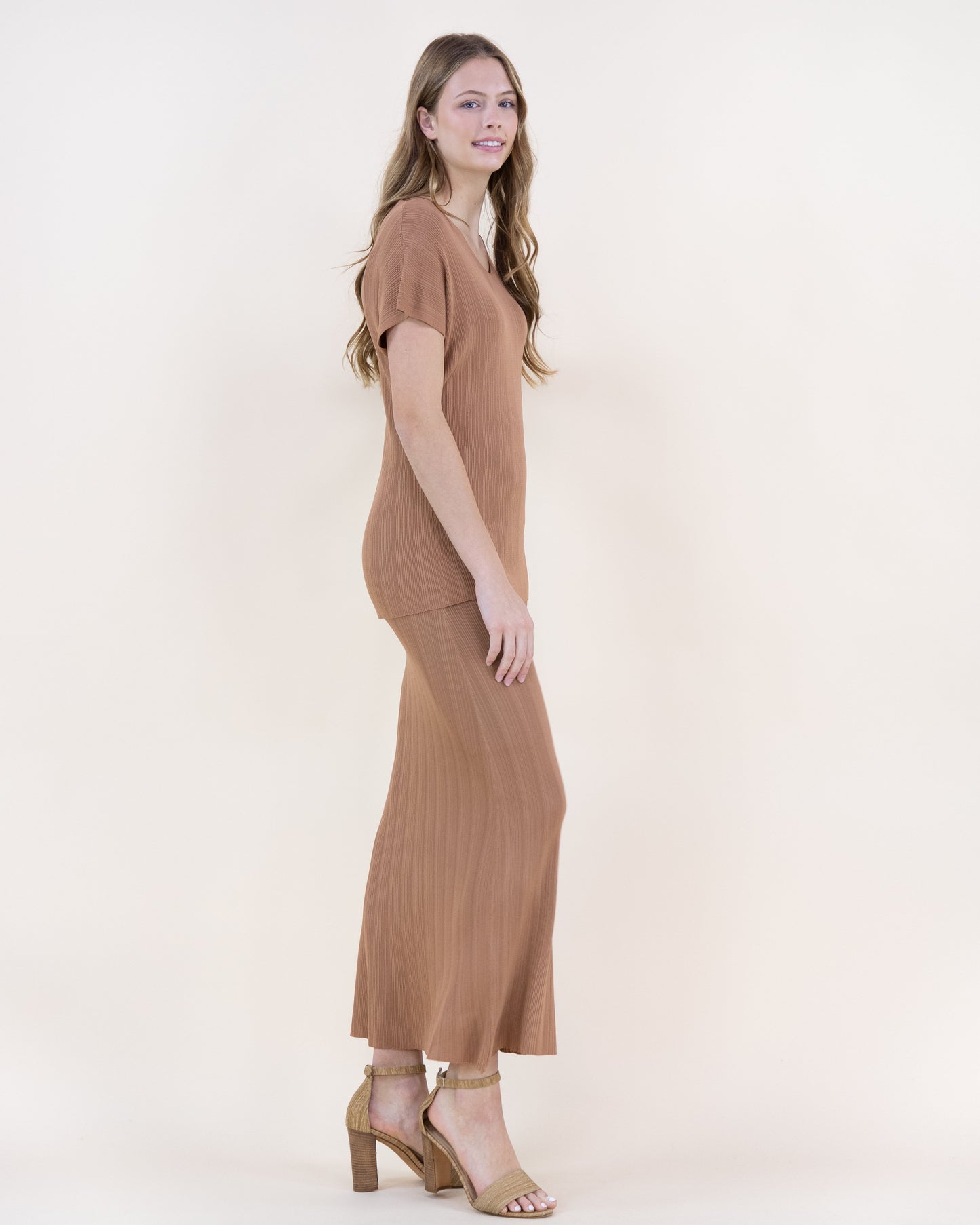 Sandy Thin Ribbed Short Sleeve V-Neck Knit Top