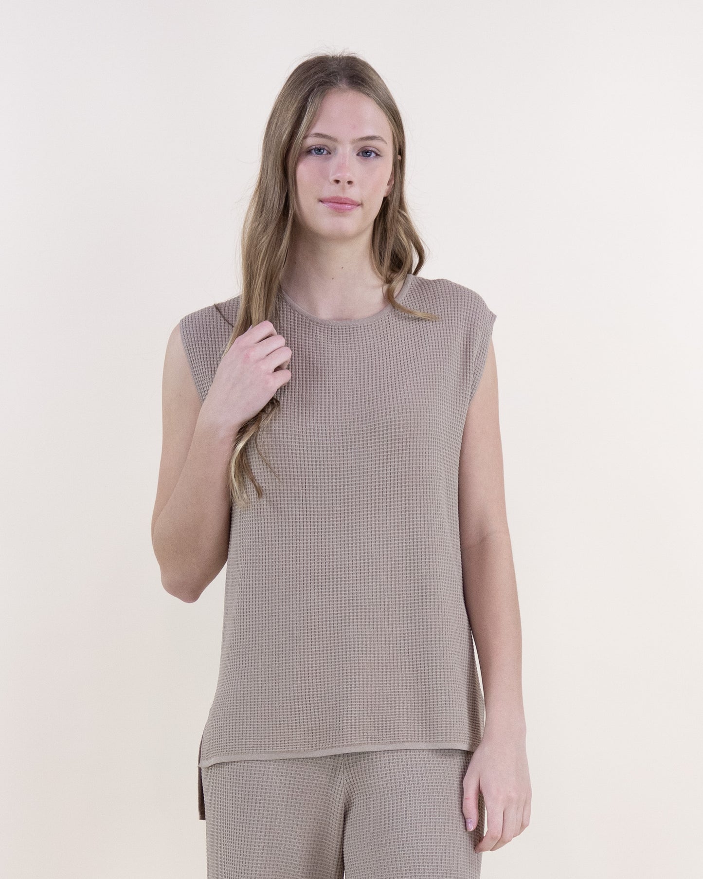 Waffle Stitch Sleeveless Round Neck Knit Top