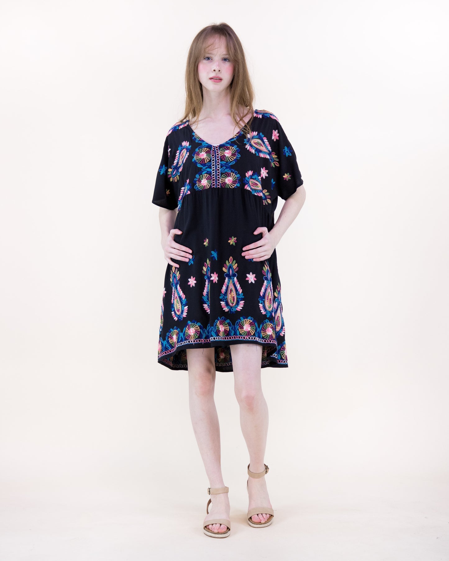 Coastal Folk Embroidered Motif Babydoll Resort Tunic