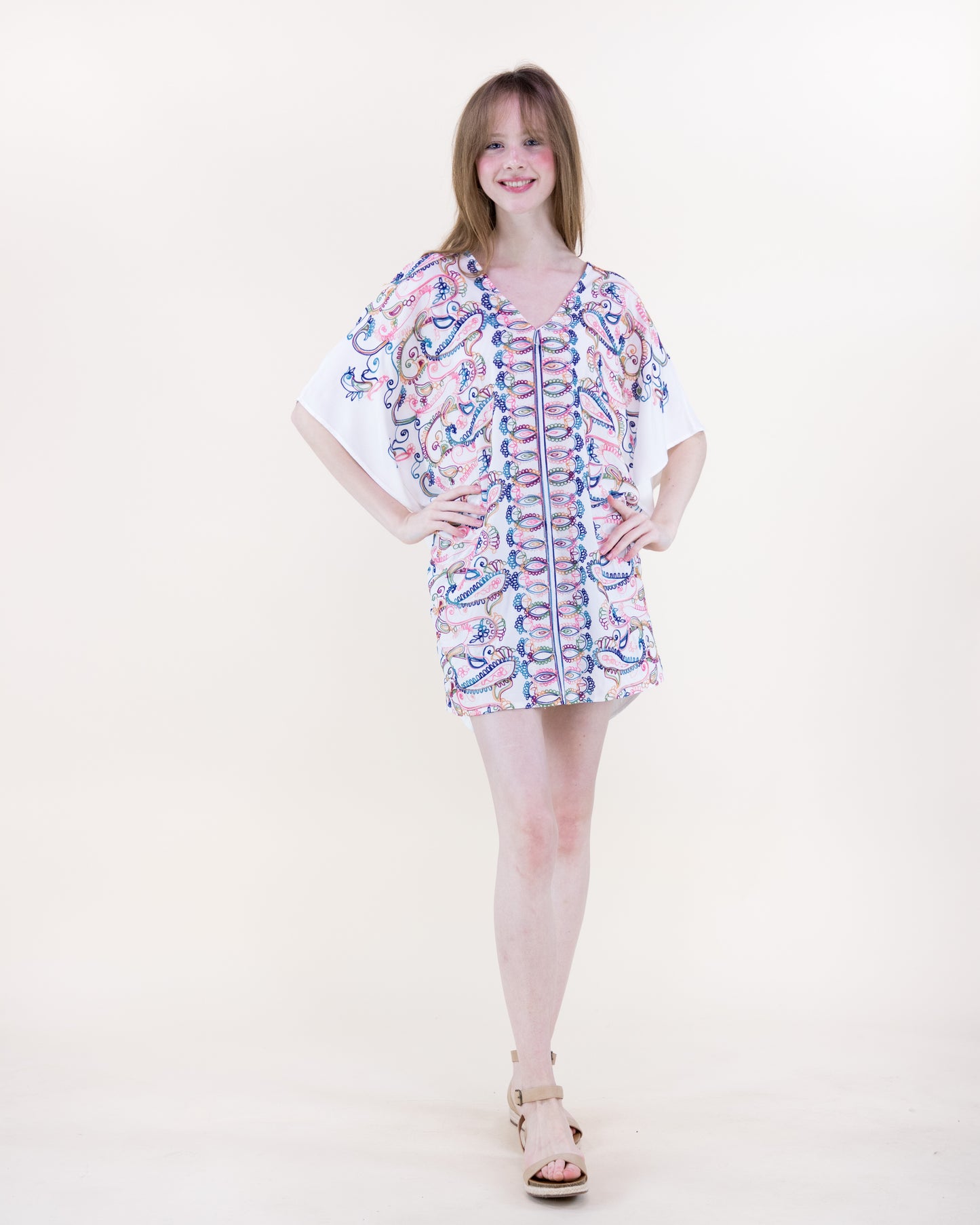 Coastal Paisley Embroidered Loop Center Panel Resort Tunic