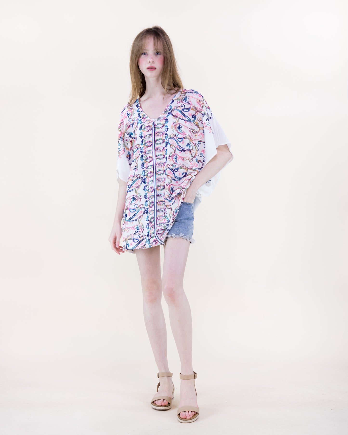 Coastal Paisley Embroidered Loop Center Panel Resort Tunic