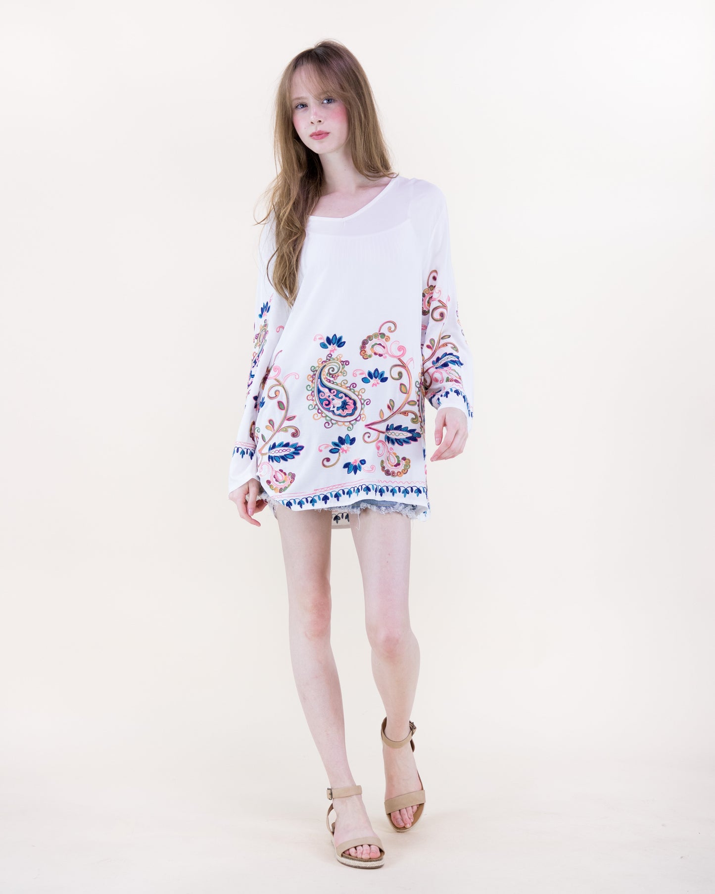 Coastal Jardin Embroidered Long Sleeve Resort Tunic