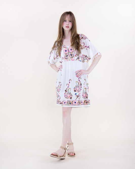 Blossom Paisley Embroidered Sleeve Tassel Day Dress