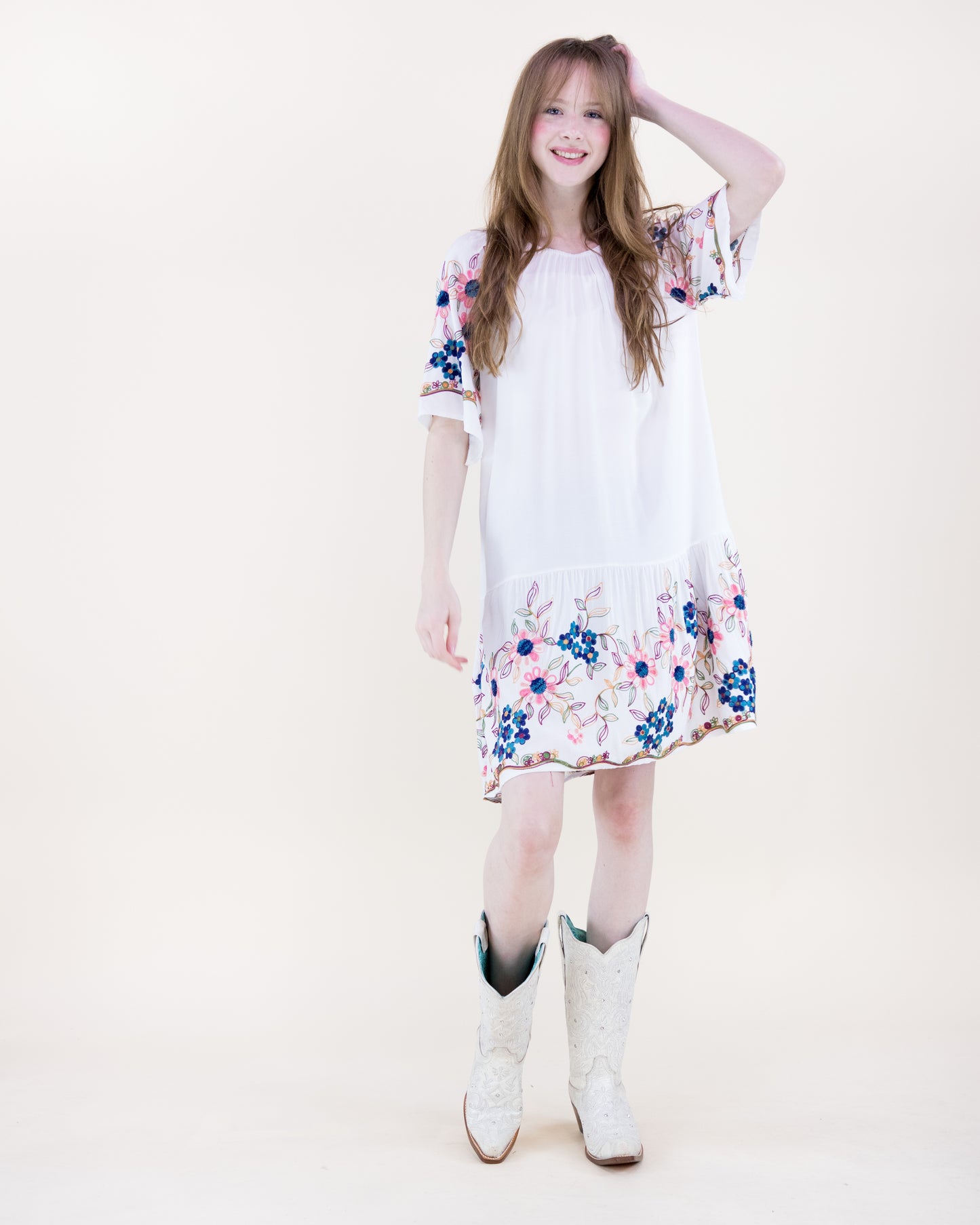 Hydrangea Floral Embroidered Drop Waist Mini Dress