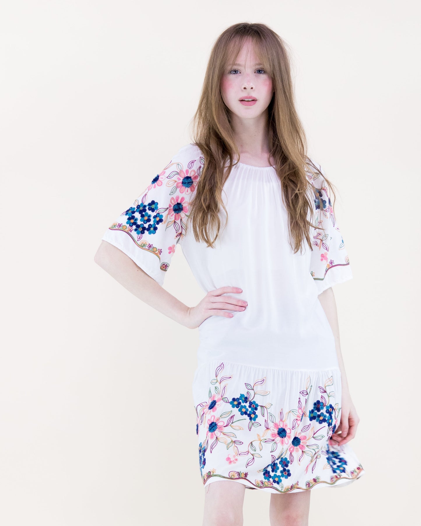 Hydrangea Floral Embroidered Drop Waist Mini Dress