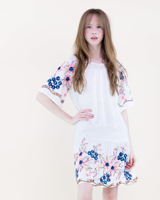 Hydrangea Floral Embroidered Drop Waist Mini Dress