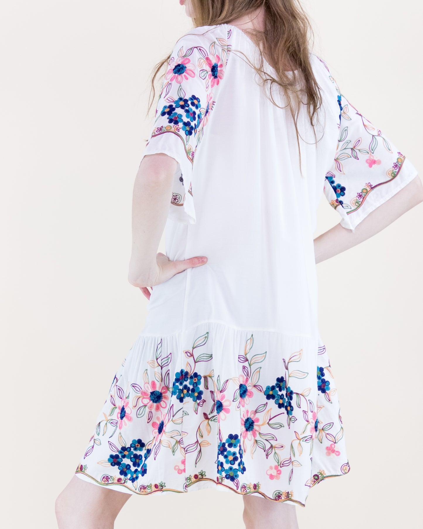 Hydrangea Floral Embroidered Drop Waist Mini Dress