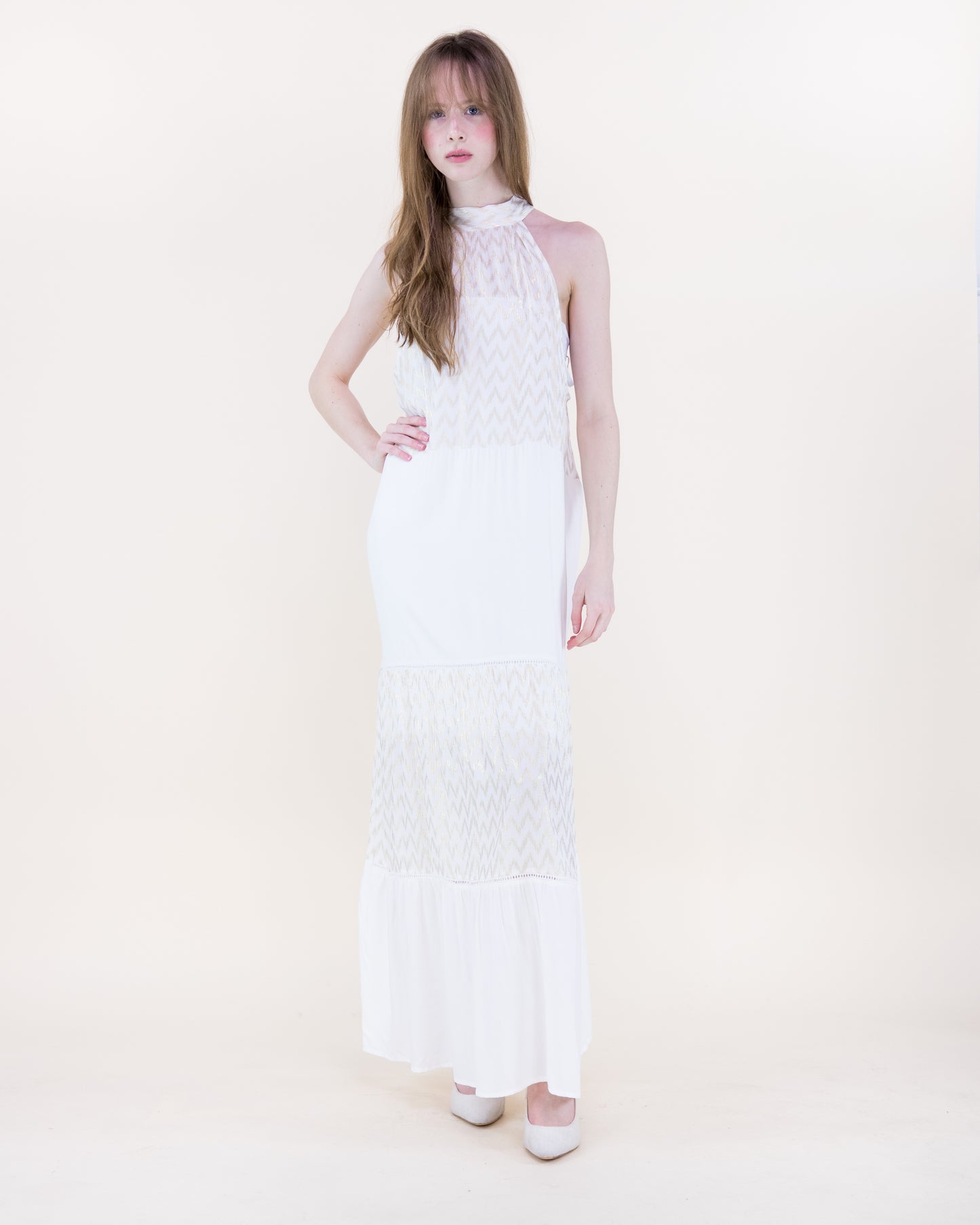 Bella Luster Chevron Tiered Halter Maxi Dress