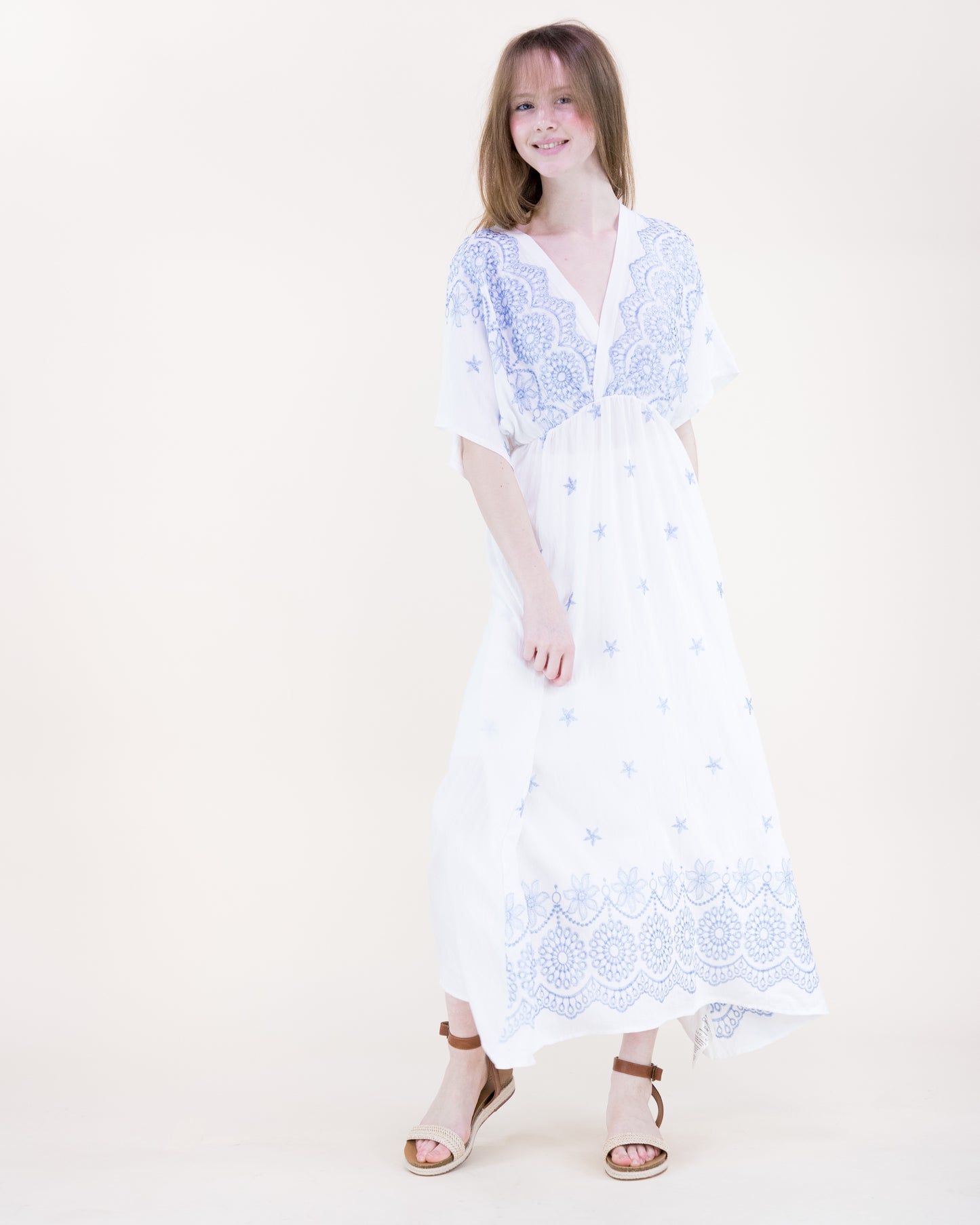 Amsonia Embroidered Kimono Sleeve Maxi Dress