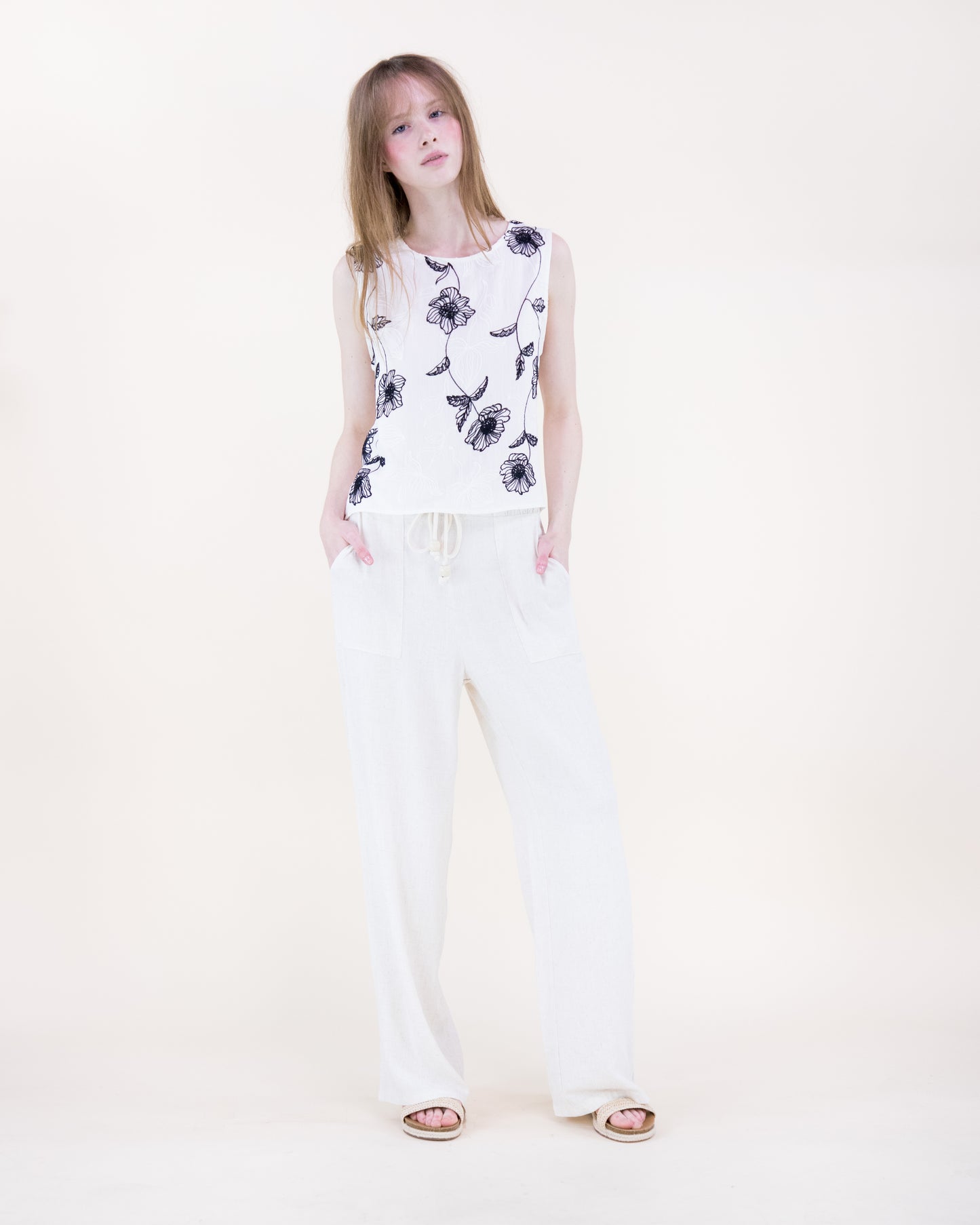 Flora Artisan Contrast Embroidery Sleeveless Top