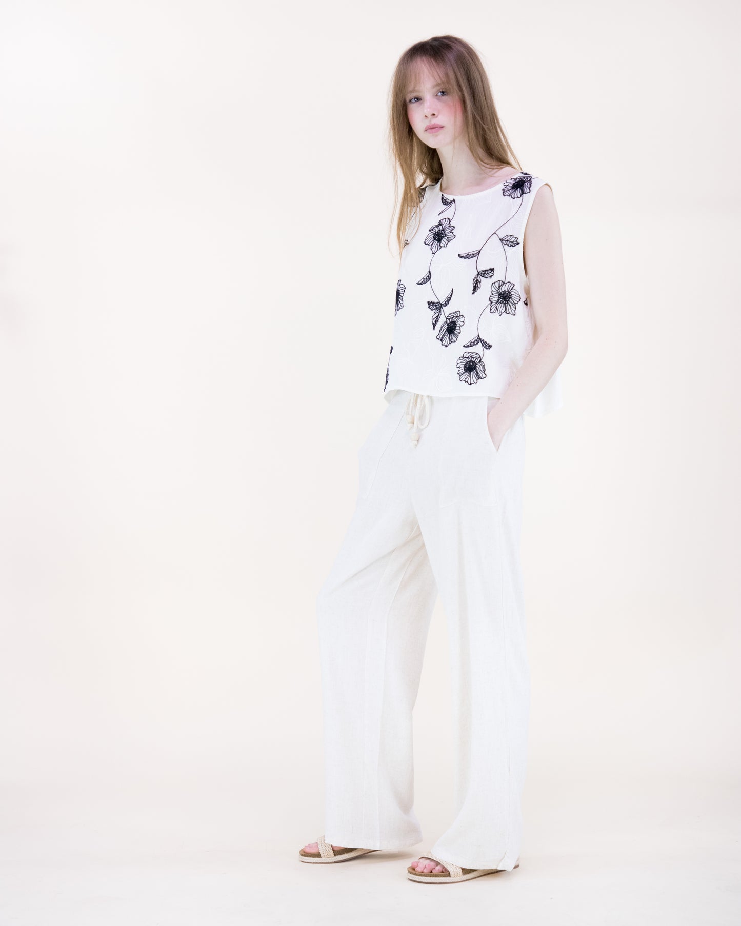 Flora Artisan Contrast Embroidery Sleeveless Top