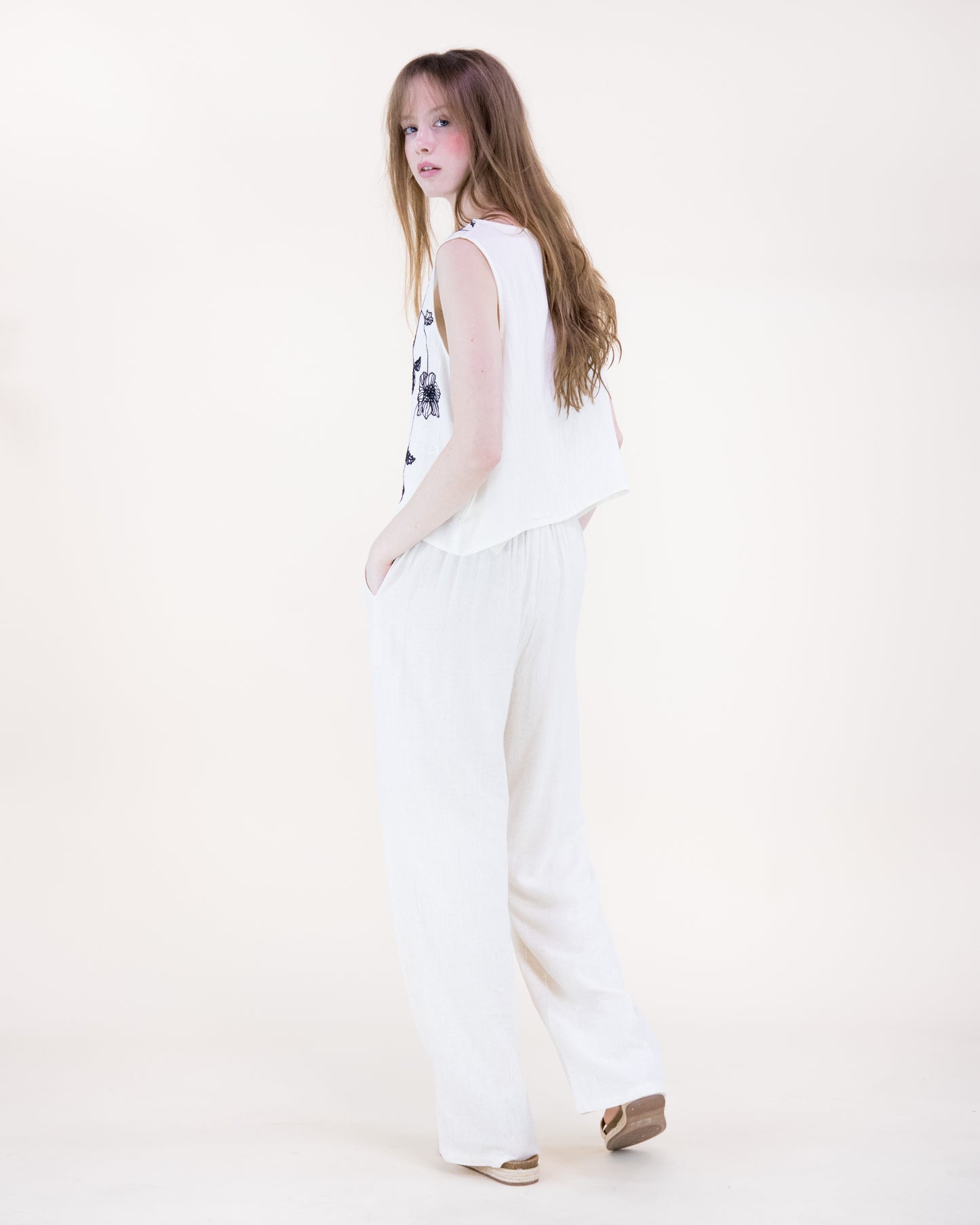 Flora Artisan Contrast Embroidery Sleeveless Top