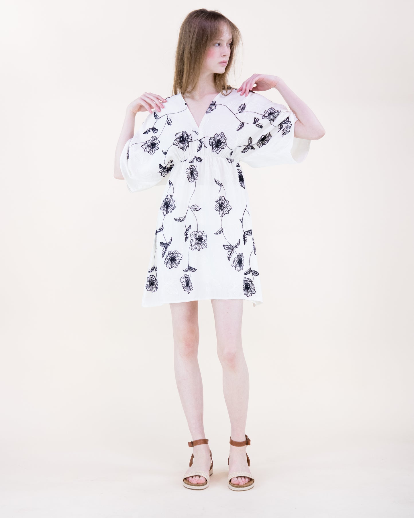 Flora Artisan Contrast Embroidery Kimono Sleeve Midi Dress