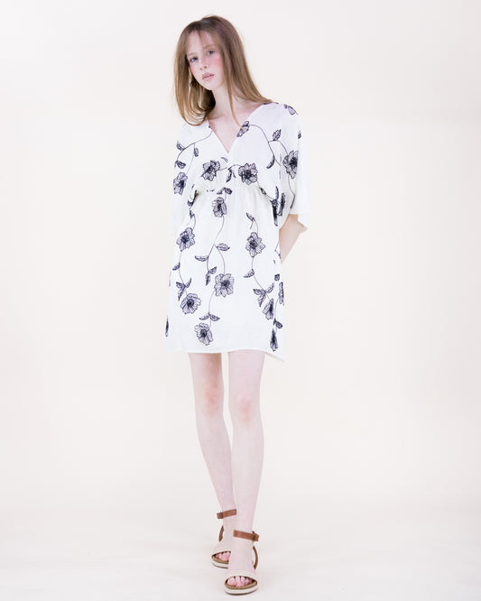 Flora Artisan Contrast Embroidery Kimono Sleeve Midi Dress