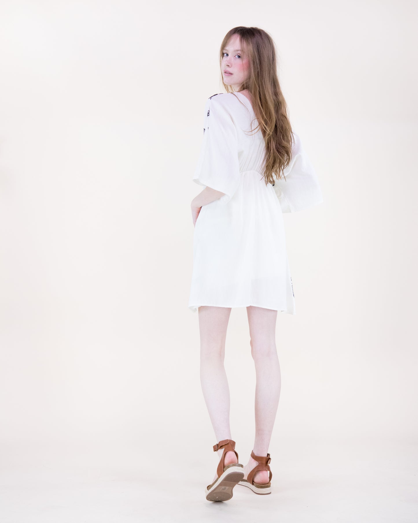 Flora Artisan Contrast Embroidery Kimono Sleeve Midi Dress