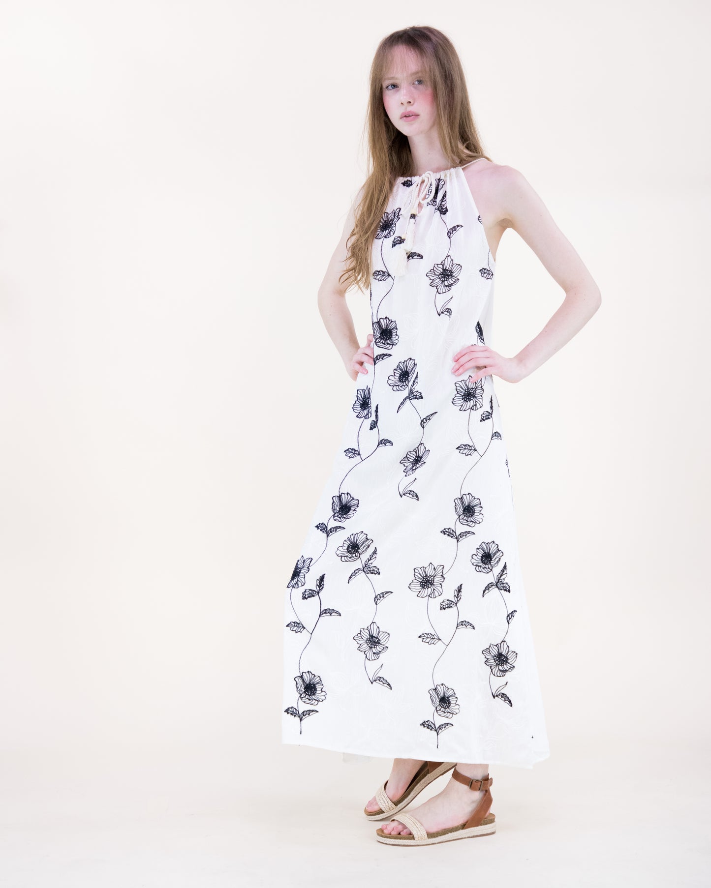 Flora Artisan Contrast Embroidery Sleeveless Maxi Dress