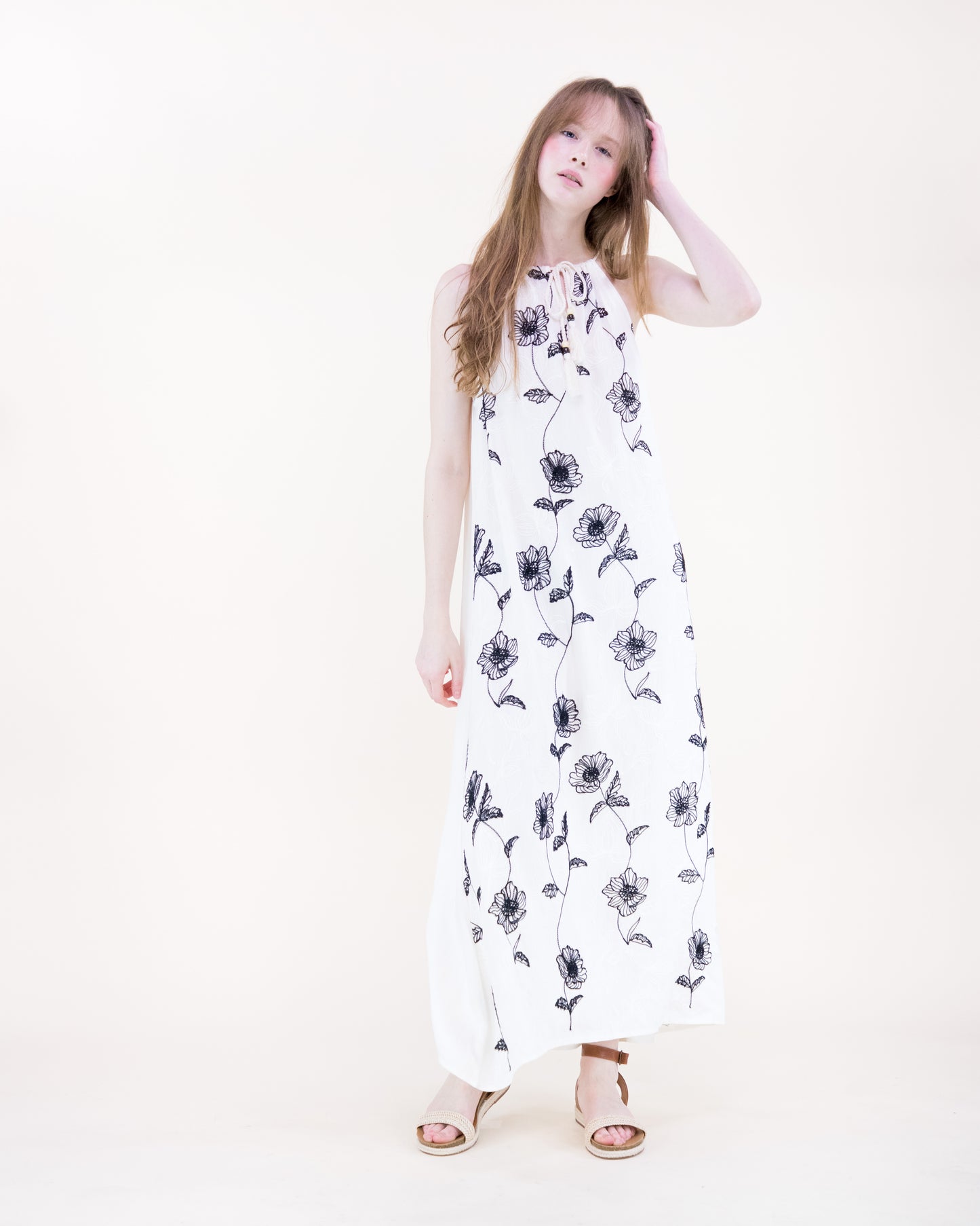 Flora Artisan Contrast Embroidery Sleeveless Maxi Dress