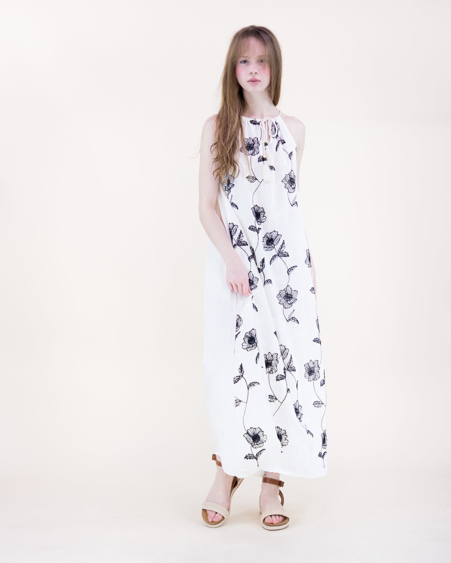 Flora Artisan Contrast Embroidery Sleeveless Maxi Dress