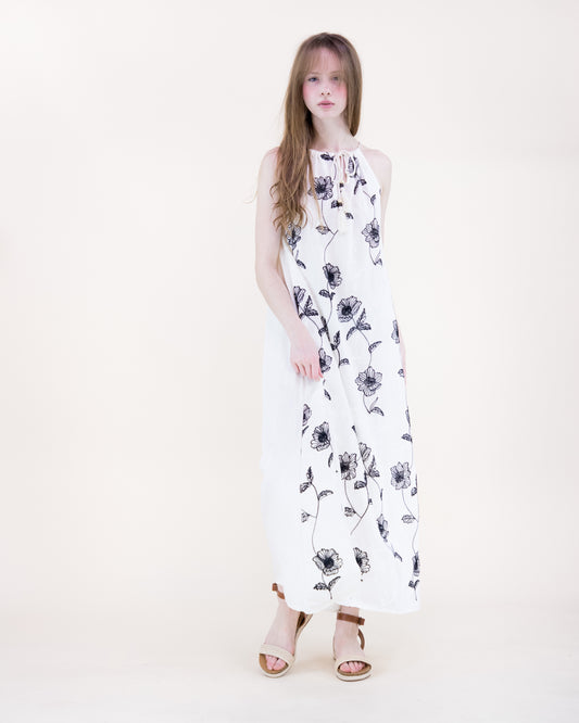 Flora Artisan Contrast Embroidery Sleeveless Maxi Dress