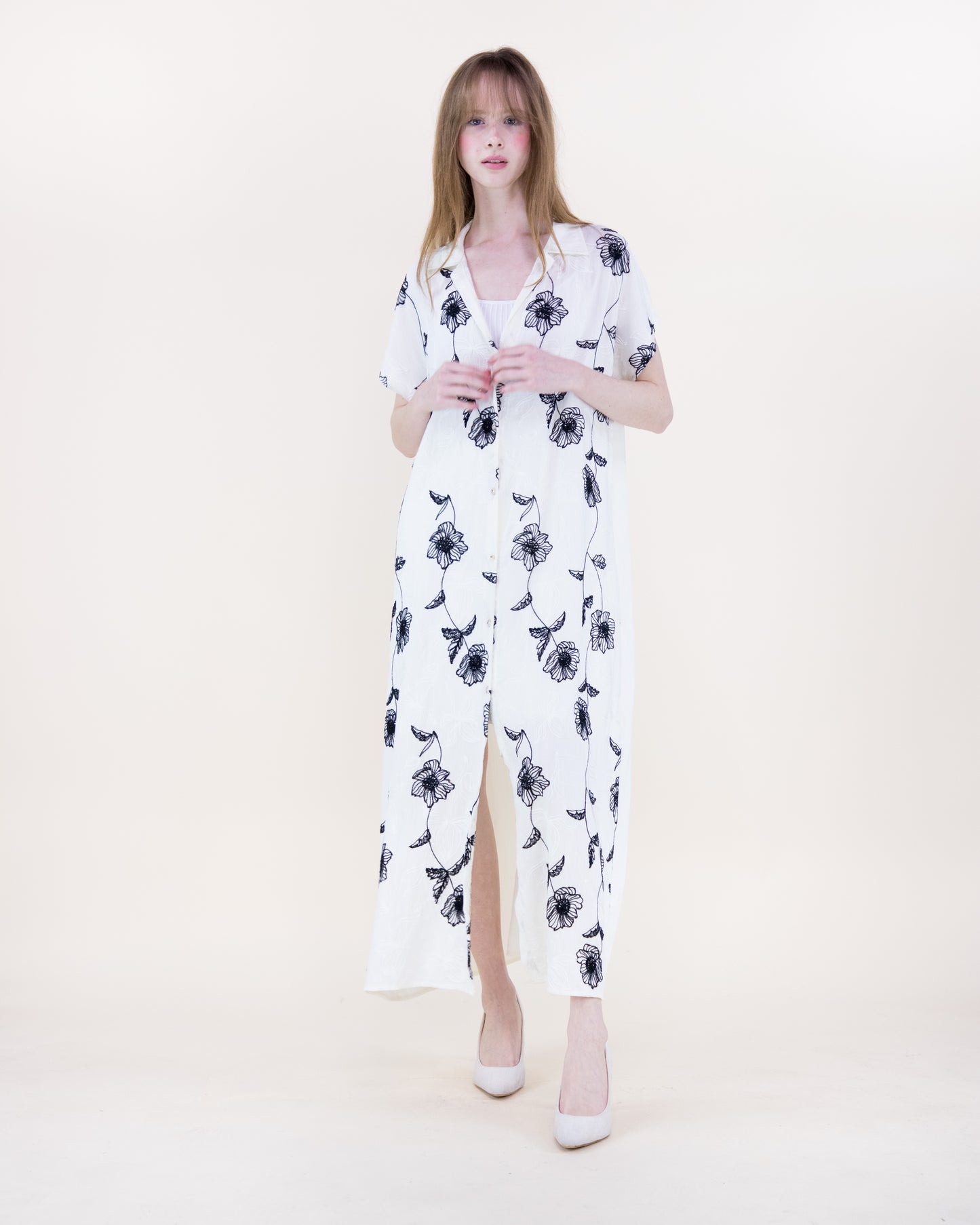 Flora Artisan Contrast Embroidery Maxi Shirt Dress
