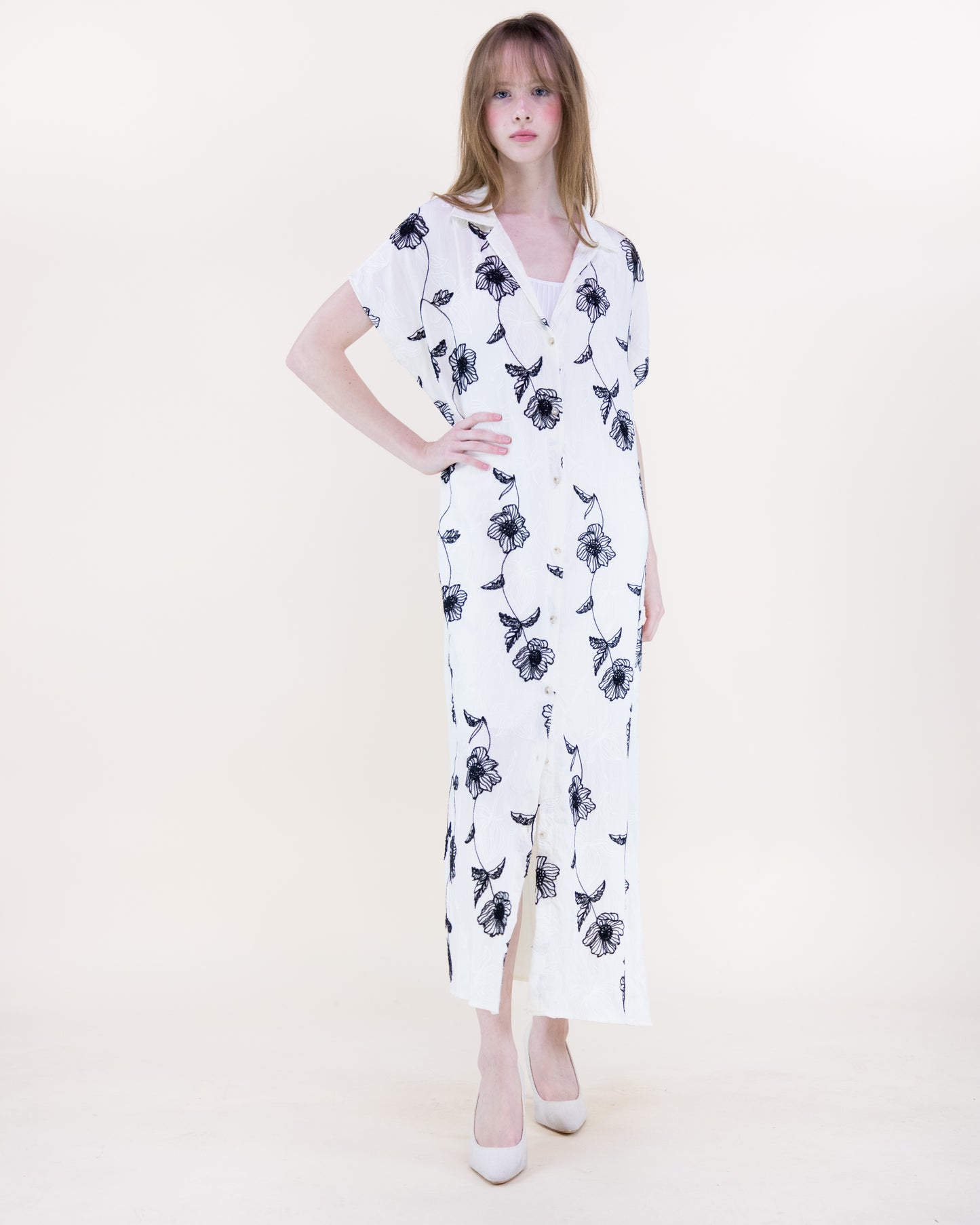 Flora Artisan Contrast Embroidery Maxi Shirt Dress