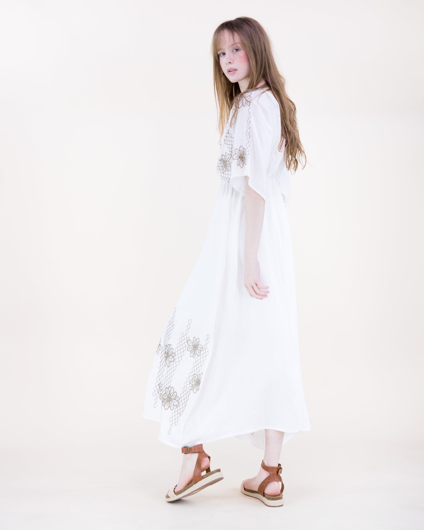 Lattice & Flora Embroidered Kimono Sleeve Maxi Dress