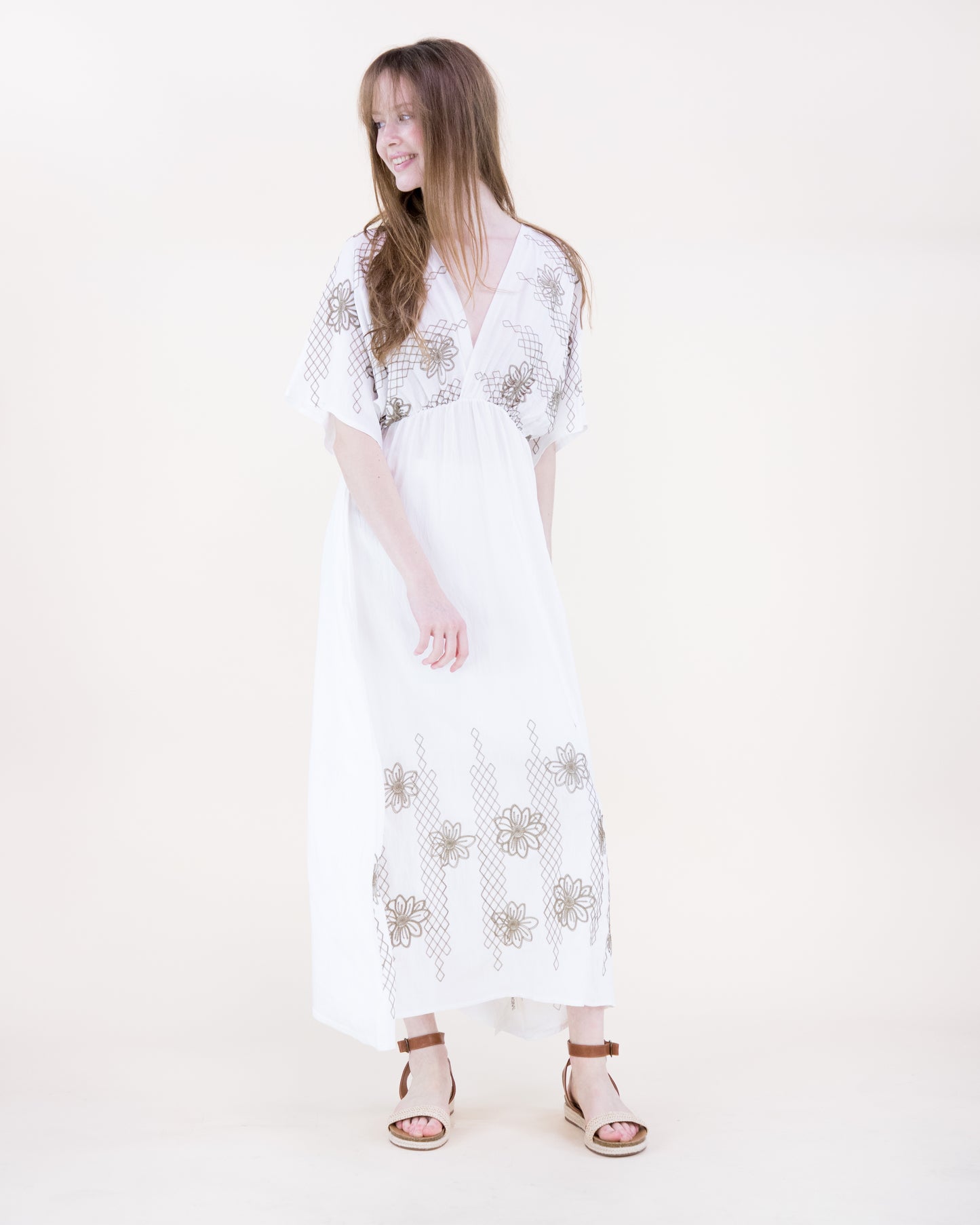 Lattice & Flora Embroidered Kimono Sleeve Maxi Dress