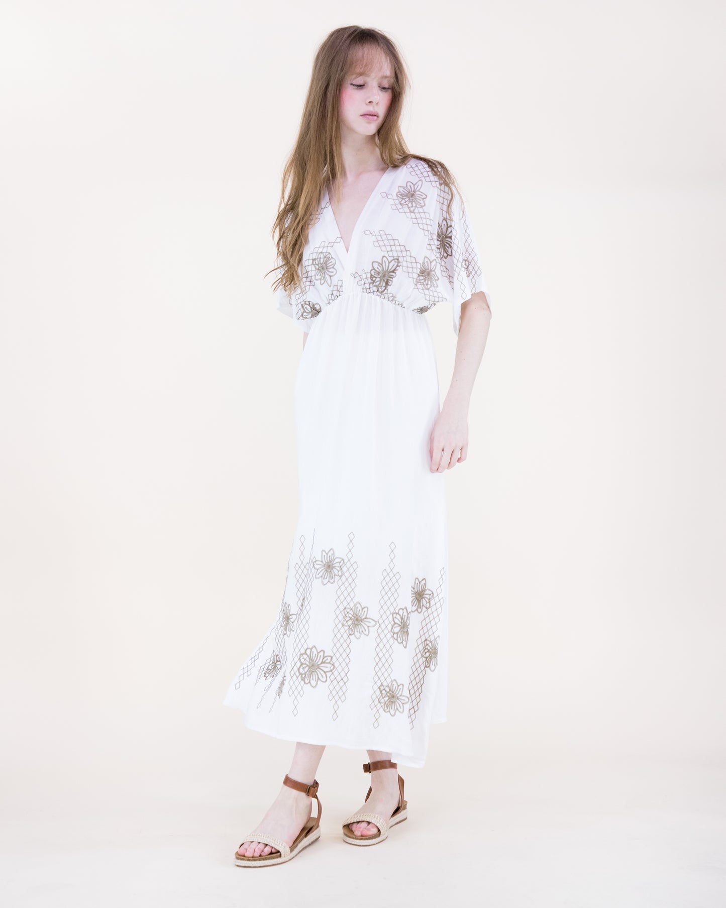 Lattice & Flora Embroidered Kimono Sleeve Maxi Dress