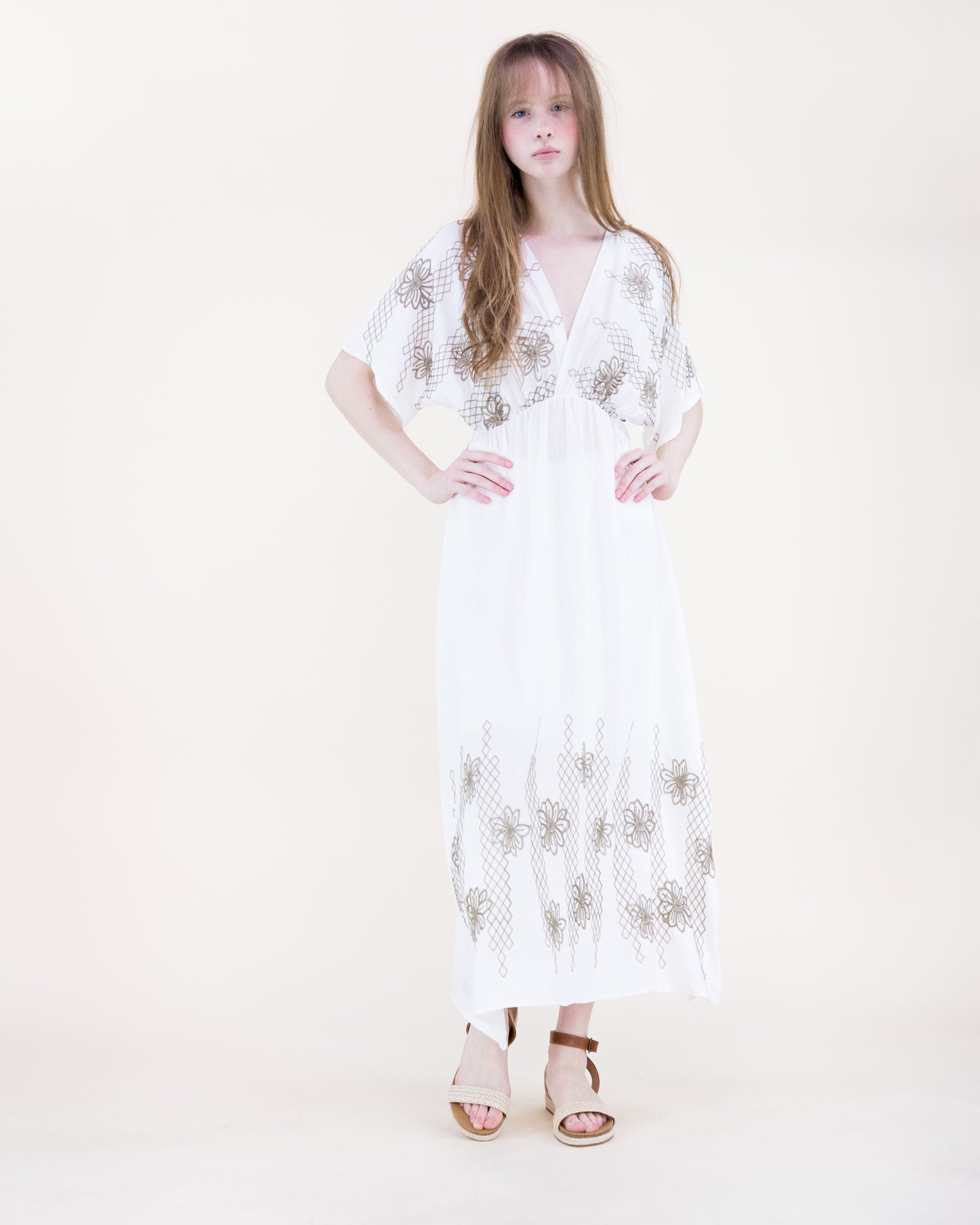 Lattice & Flora Embroidered Kimono Sleeve Maxi Dress
