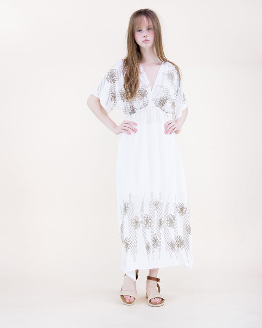 Lattice & Flora Embroidered Kimono Sleeve Maxi Dress