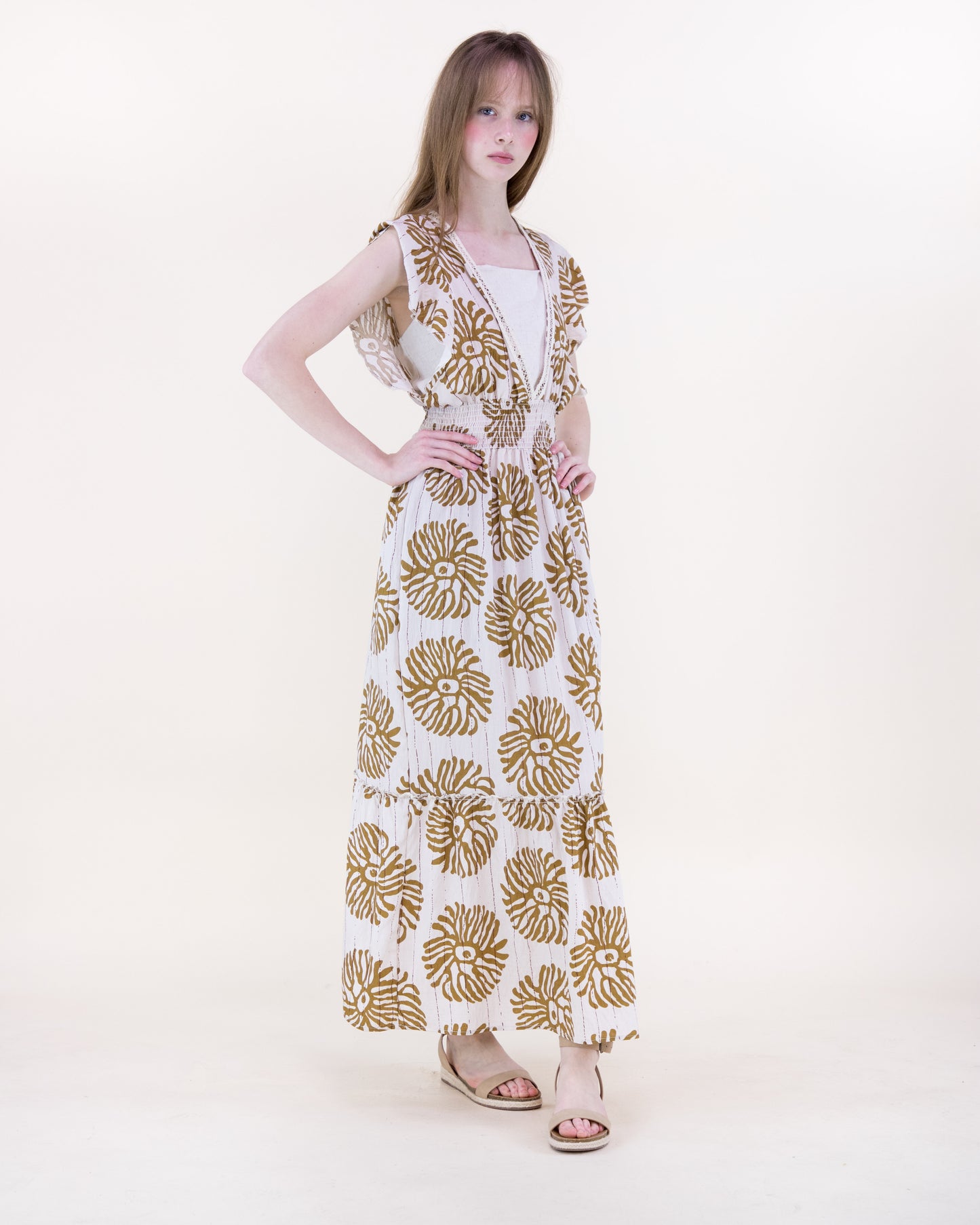 Sea Coral Embroidered Butterfly Sleeve Deep V Maxi Dress
