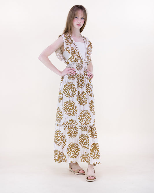 Sea Coral Embroidered Butterfly Sleeve Deep V Maxi Dress