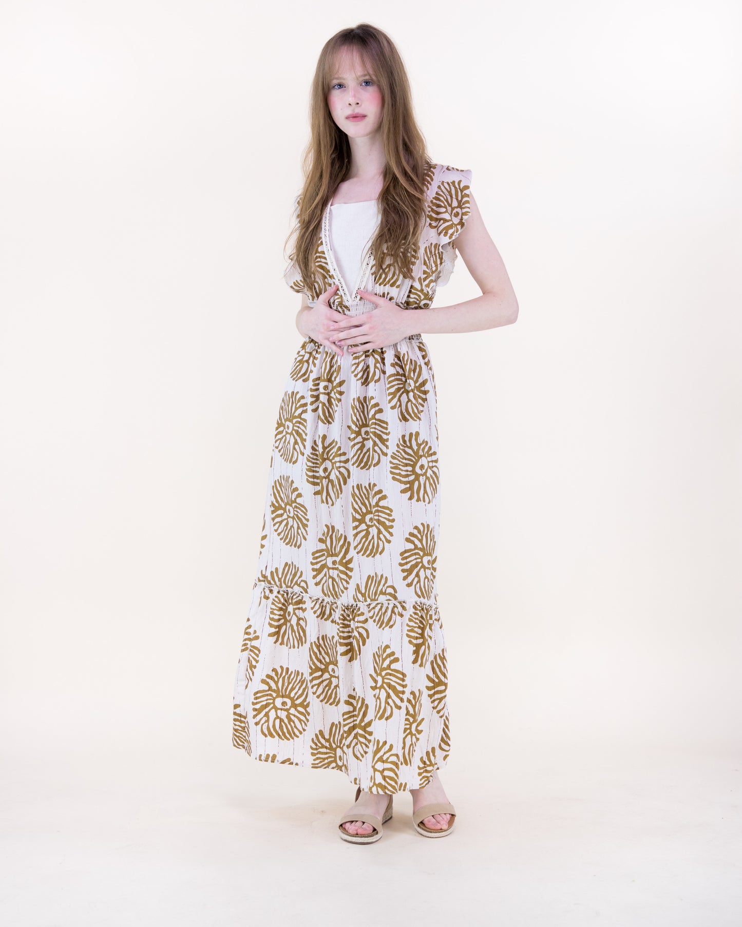 Sea Coral Embroidered Butterfly Sleeve Deep V Maxi Dress