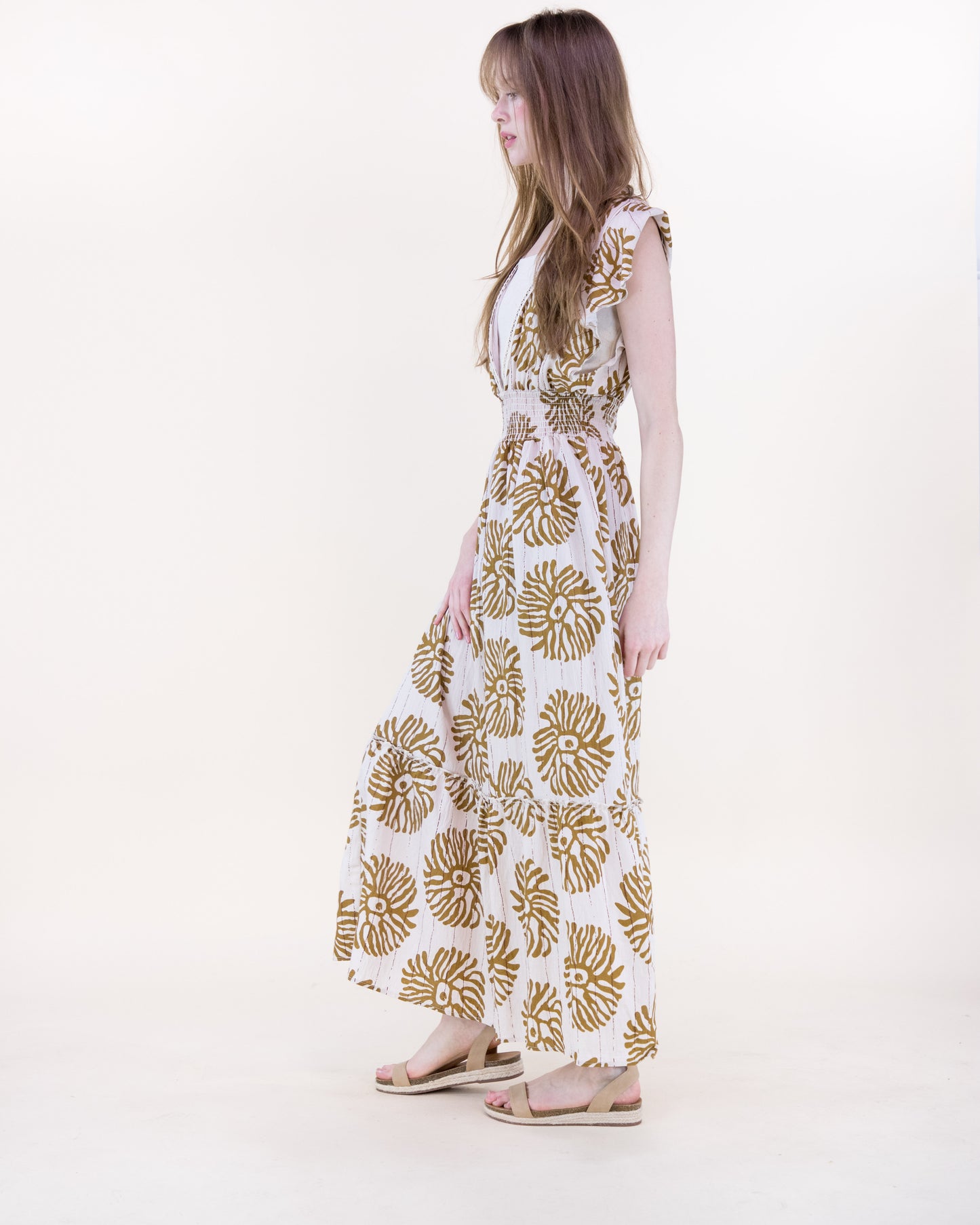 Sea Coral Embroidered Butterfly Sleeve Deep V Maxi Dress