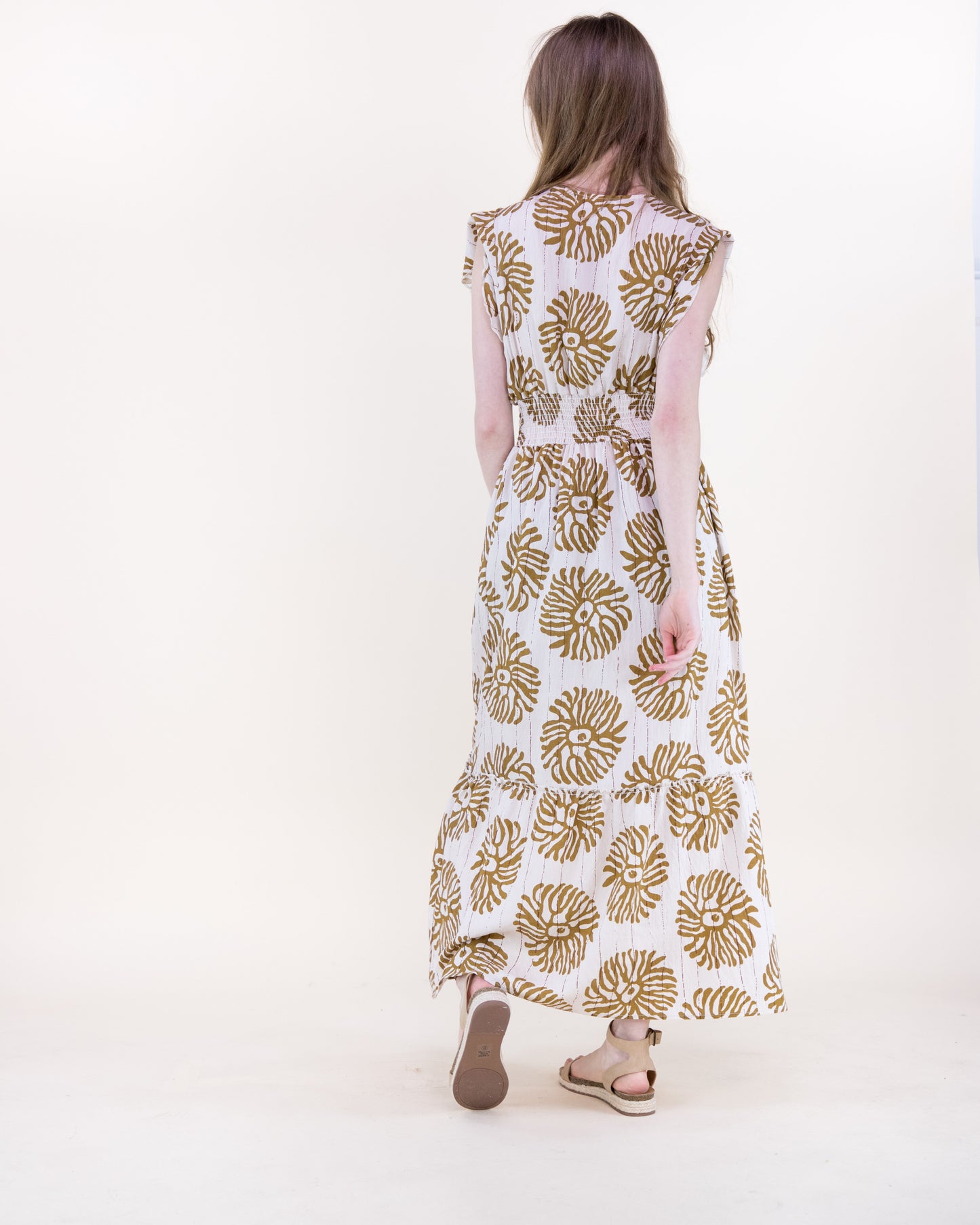Sea Coral Embroidered Butterfly Sleeve Deep V Maxi Dress