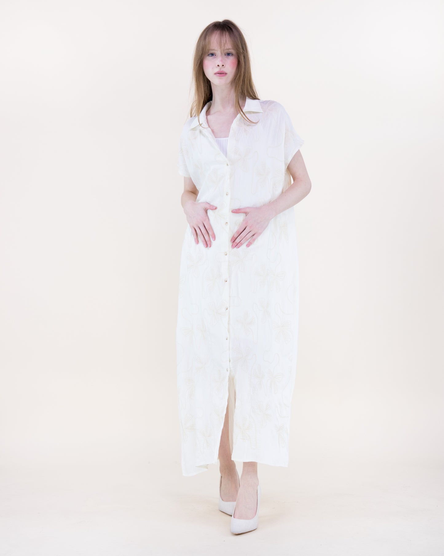 Oxalis Bow Embroidered Maxi Shirt Dress