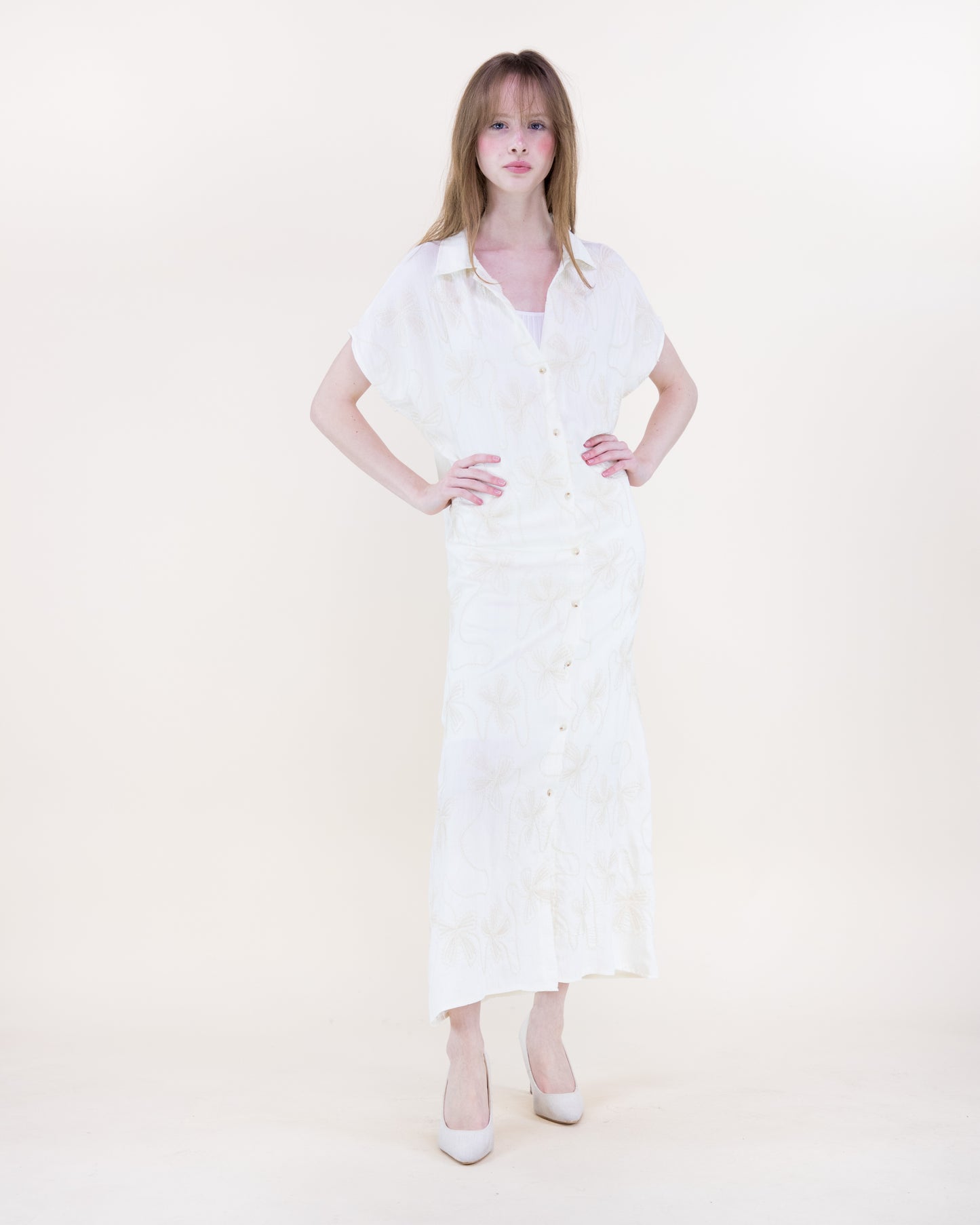 Oxalis Bow Embroidered Maxi Shirt Dress