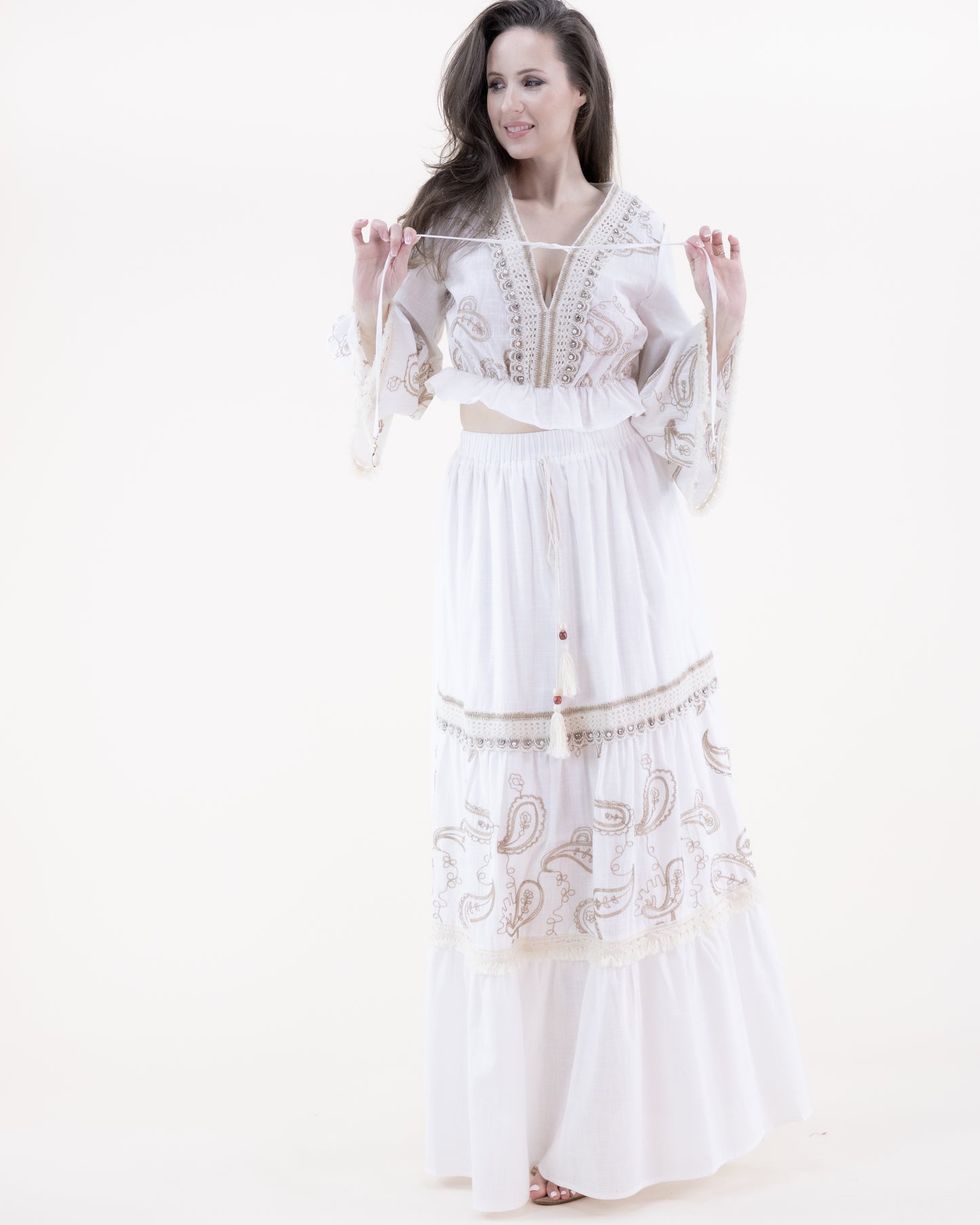 Boho Paisley Embellished Draw String Tiered Skirt