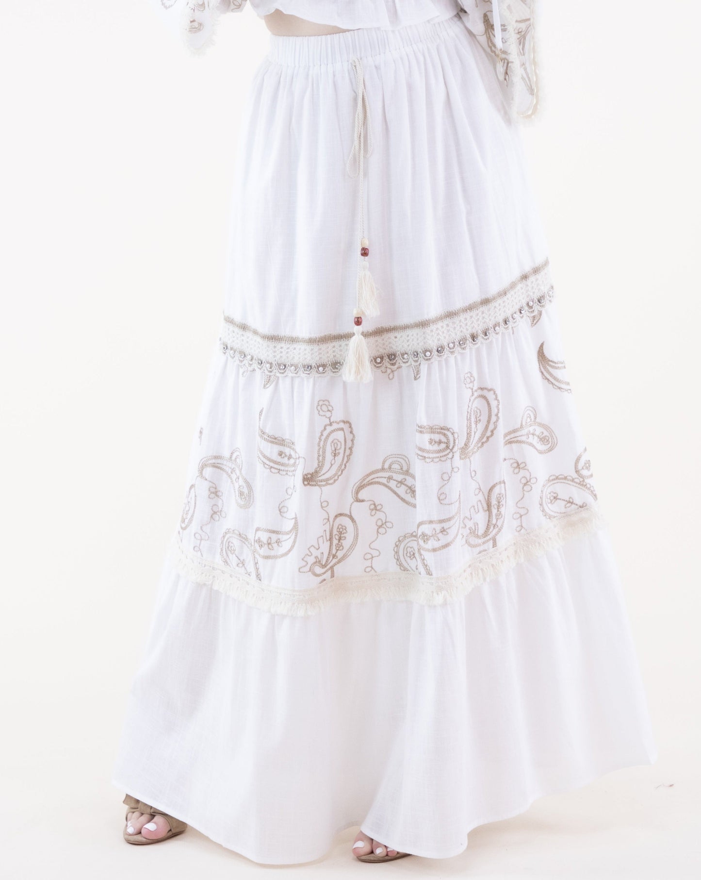 Boho Paisley Embellished Draw String Tiered Skirt