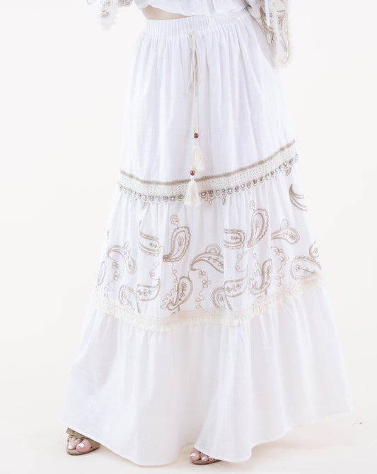 Boho Paisley Embellished Draw String Tiered Skirt