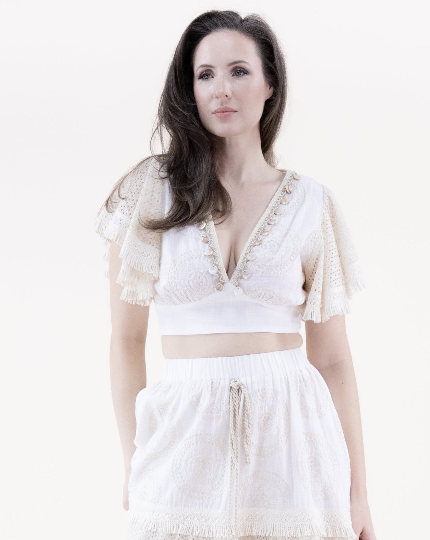 Breezy Lace Butterfly Sleeve Embellished Crop Top